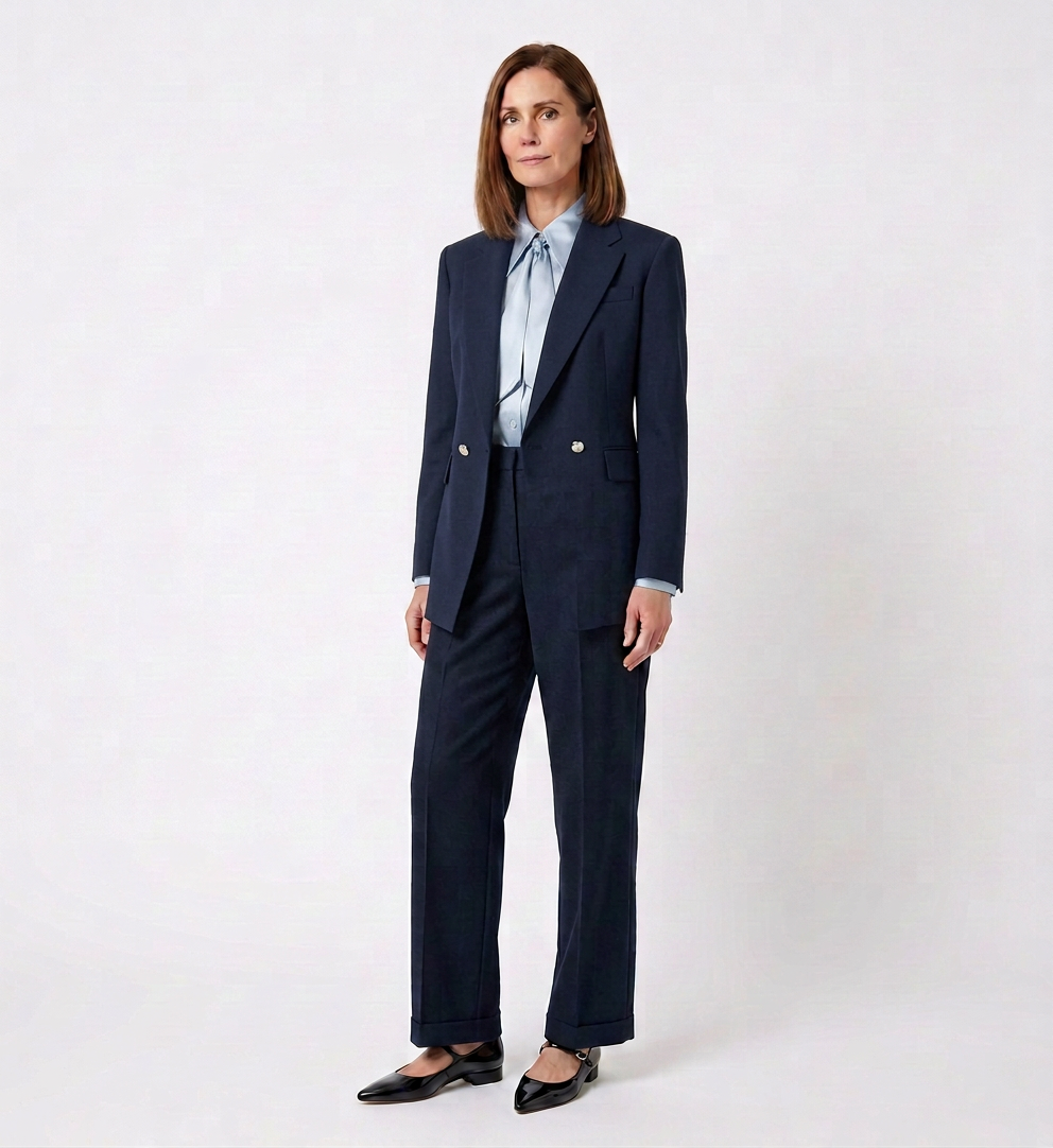 A woman in a dark blue business suit with a light blue shirt stands against a plain white background.