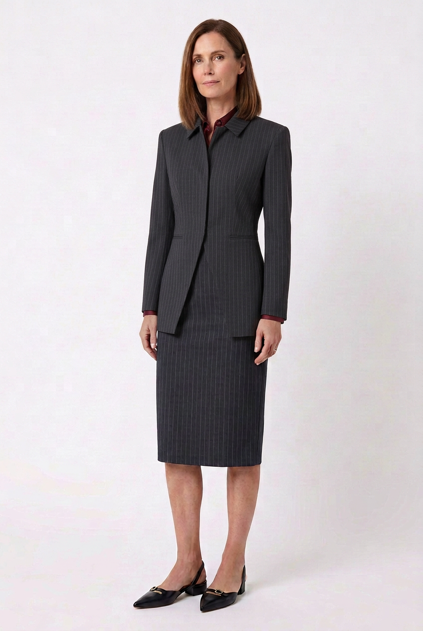 A woman in a dark gray pinstripe business suit, standing against a plain white background.
