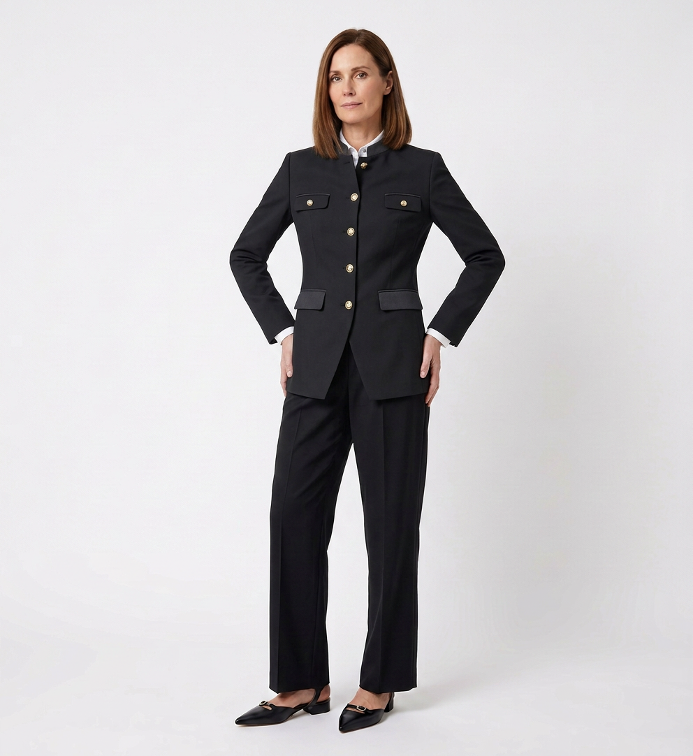 A woman wearing a formal black pantsuit with gold buttons, white shirt, and black pointed shoes, standing against a white background.