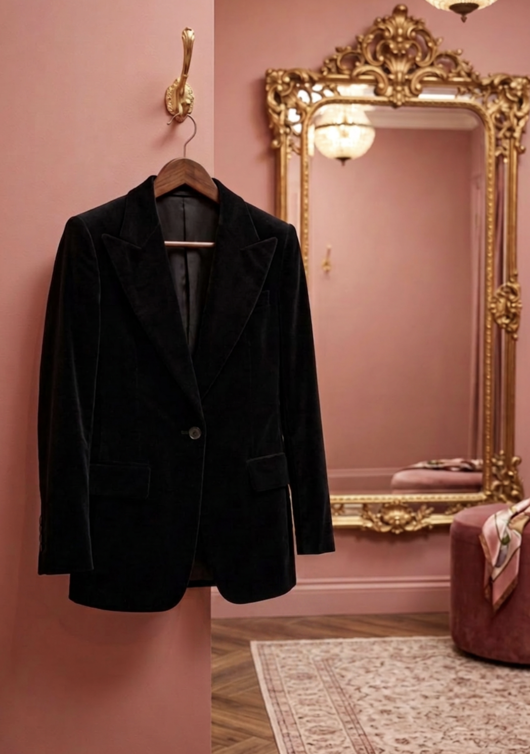A black velvet blazer hanging on a wooden hanger on a golden hook mounted on a pink wall. Behind is a large ornate gold-framed mirror reflecting a pink wall and a chandelier.
