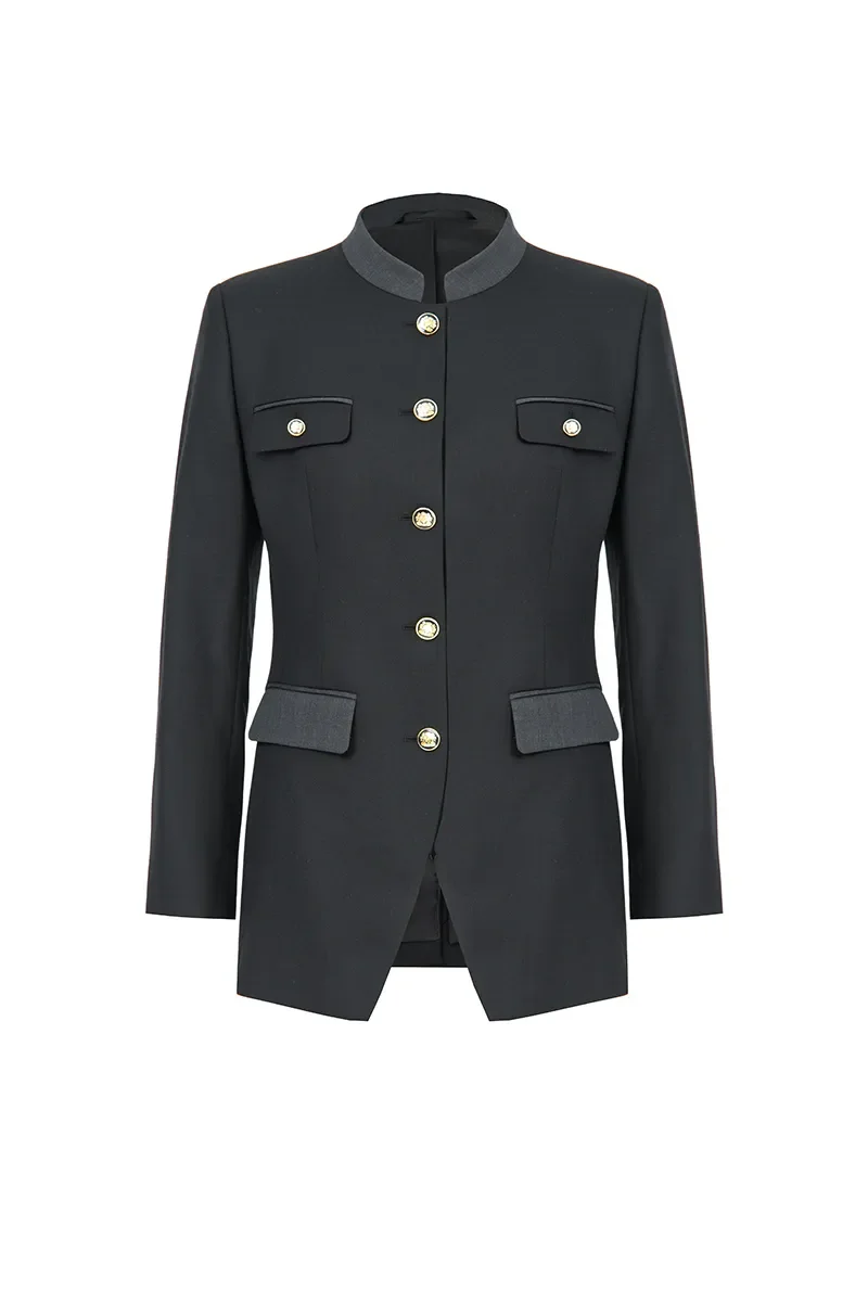 A black blazer with gray accents, gold buttons, and flap pockets.