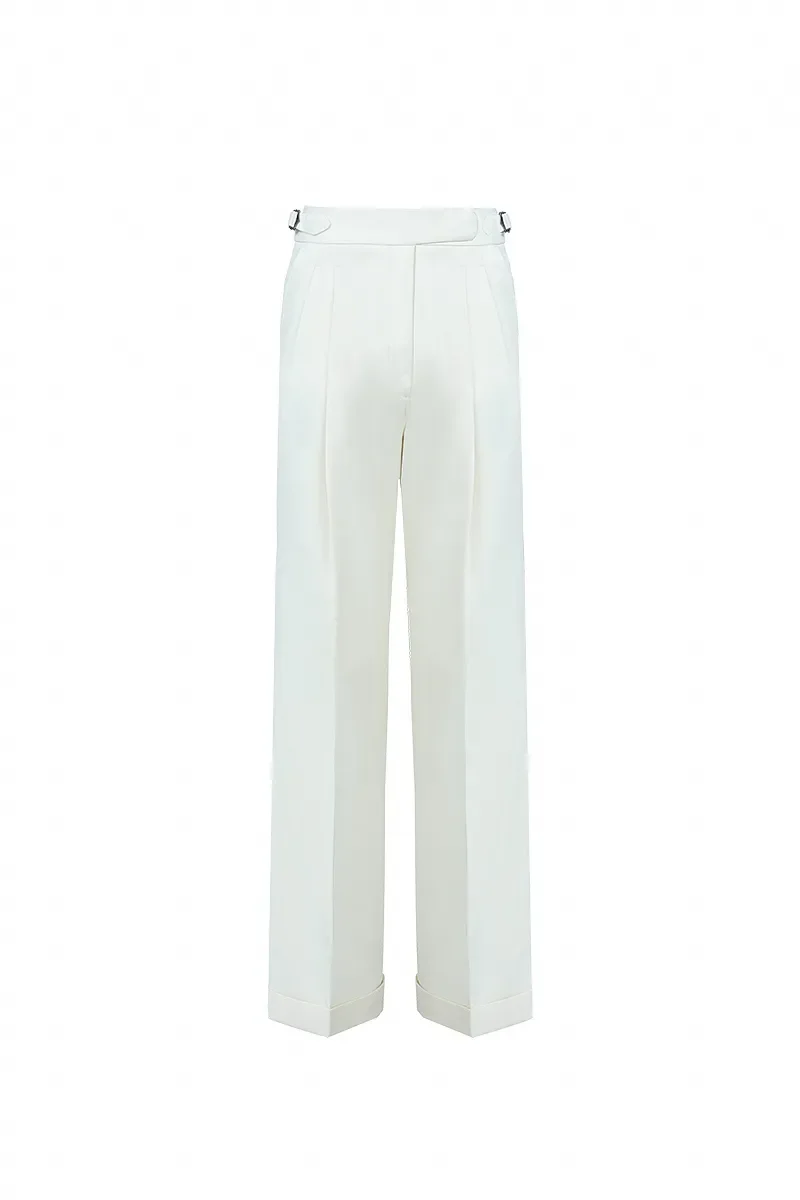 White high-waisted wide-leg trousers with front pleats on a plain white background.
