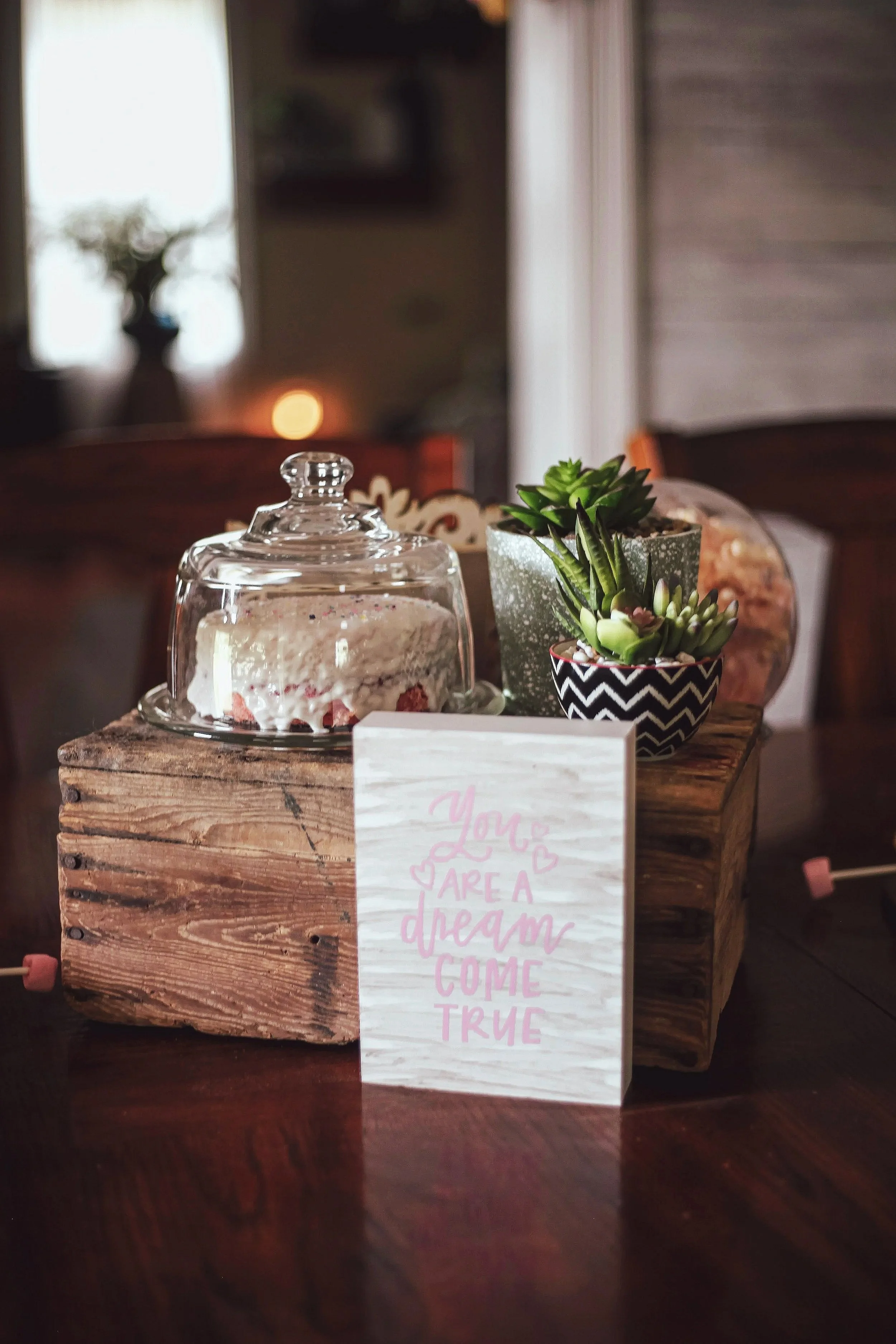 A small wooden block with a glass cake dome, two potted succulent plants, and a sign that reads "You are a dream come true" placed on top of it, on a dark wooden table.
