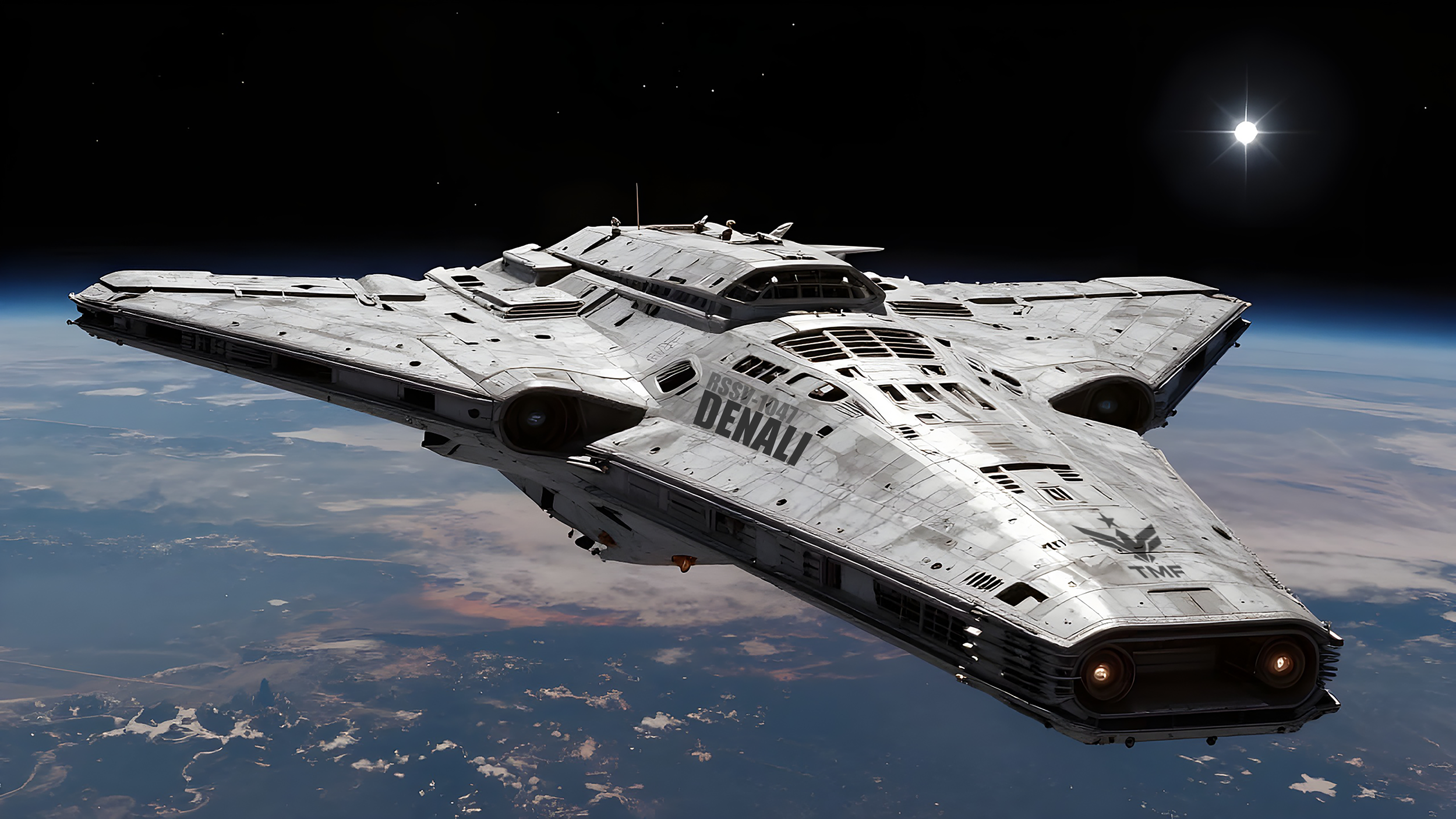 Terran Military Forces reconnaissance ship Denali in orbit over an earth-like planet.