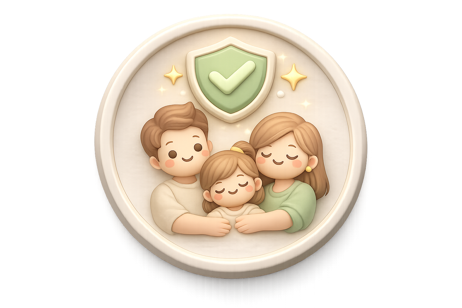 A decorative round relief featuring a cartoon family of three hugging, with a shield with a check mark above them, and sparkles around.