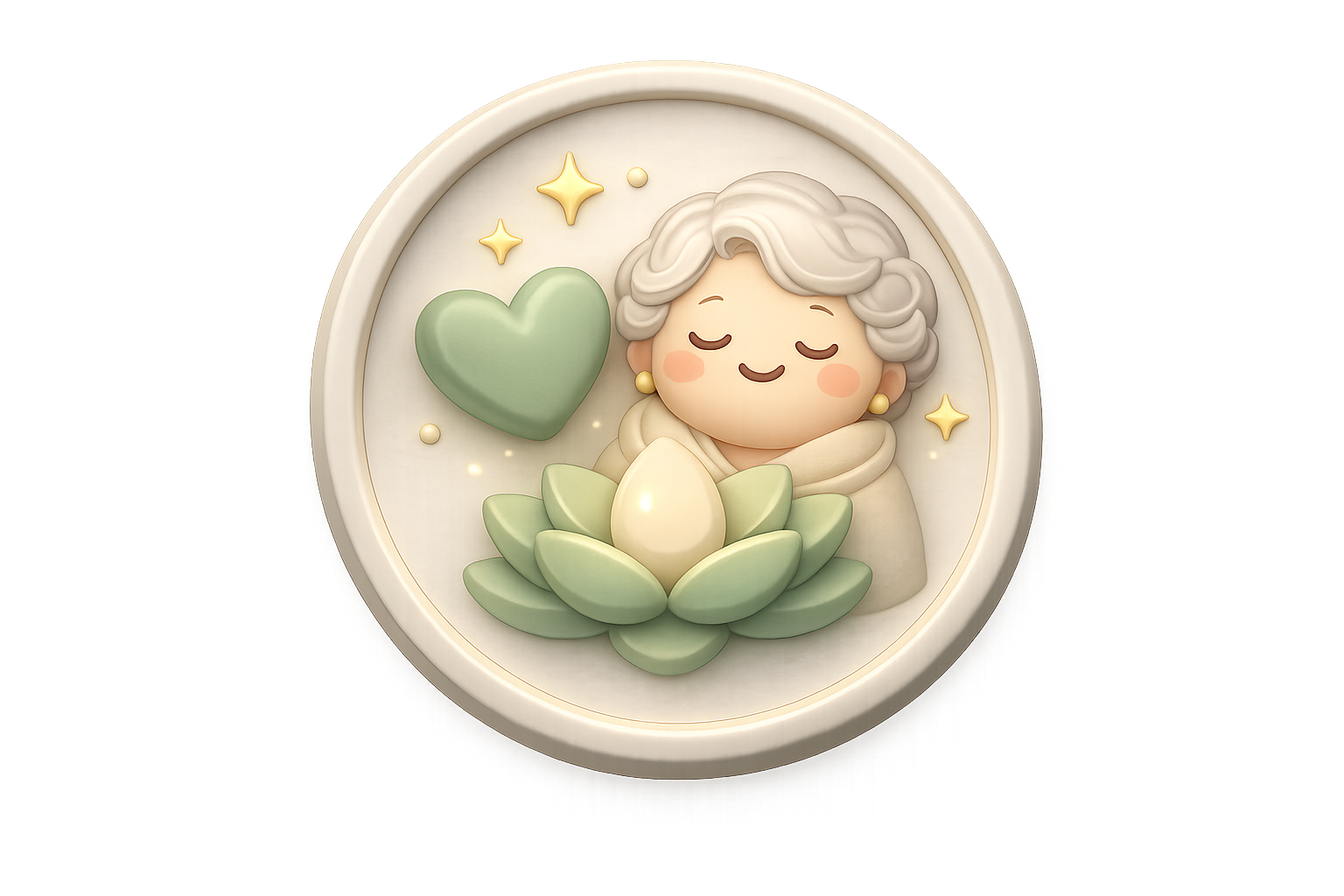 A decorative round wall hanging featuring a cute, smiling elderly woman with gray hair and closed eyes, surrounded by a large green heart, stars, and a glowing lotus flower.