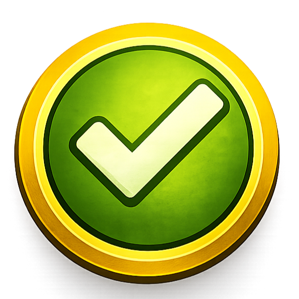 Green circular button with a white check mark in the center and a gold border.