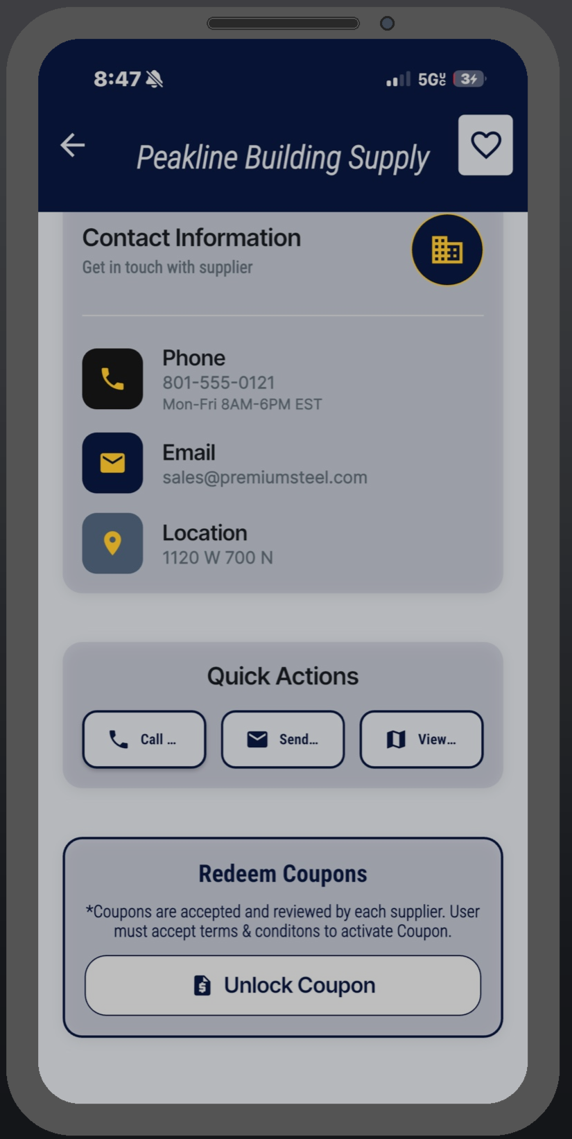 Mobile app screen showing contact information and quick actions for a supplier called Peakline Building Supply, including phone number, email, location, and options to call, send email, view details, and unlock coupons.