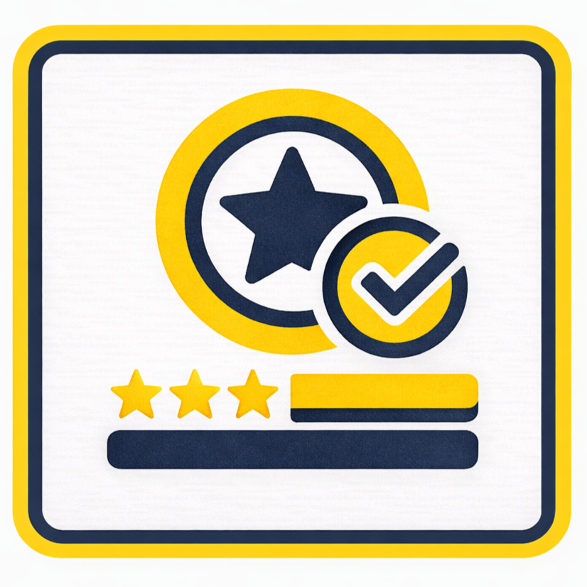 Graphic with three yellow stars, a black bar, a yellow bar, and a white bar. Contains star icons, a check mark, and circular symbols with star and check mark icons inside, all in yellow, black, and white.