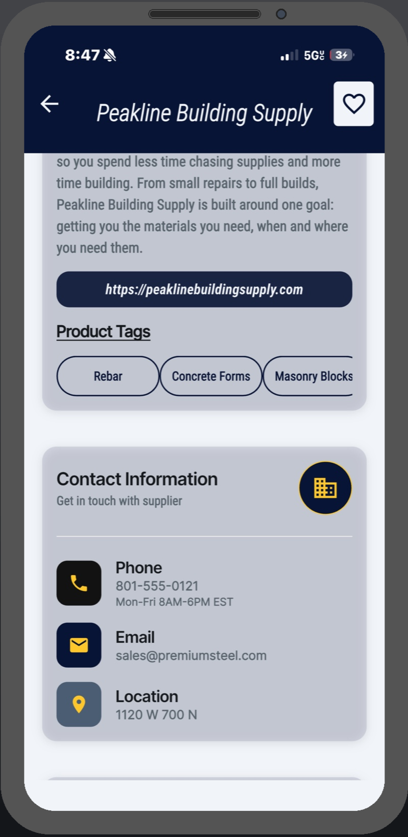 Mobile phone screen EXAMPLE displaying a business profile, including contact information, product tags, and website URL.