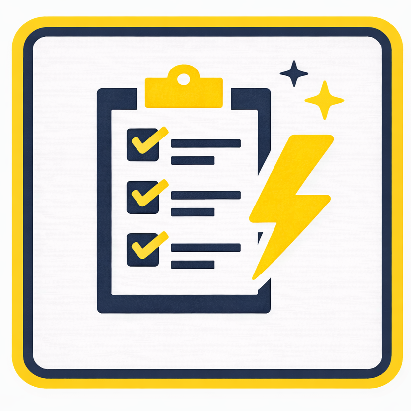 A checklist on a clipboard with checked items, a yellow lightning bolt, and small star-like sparkles, all within a yellow and black border.