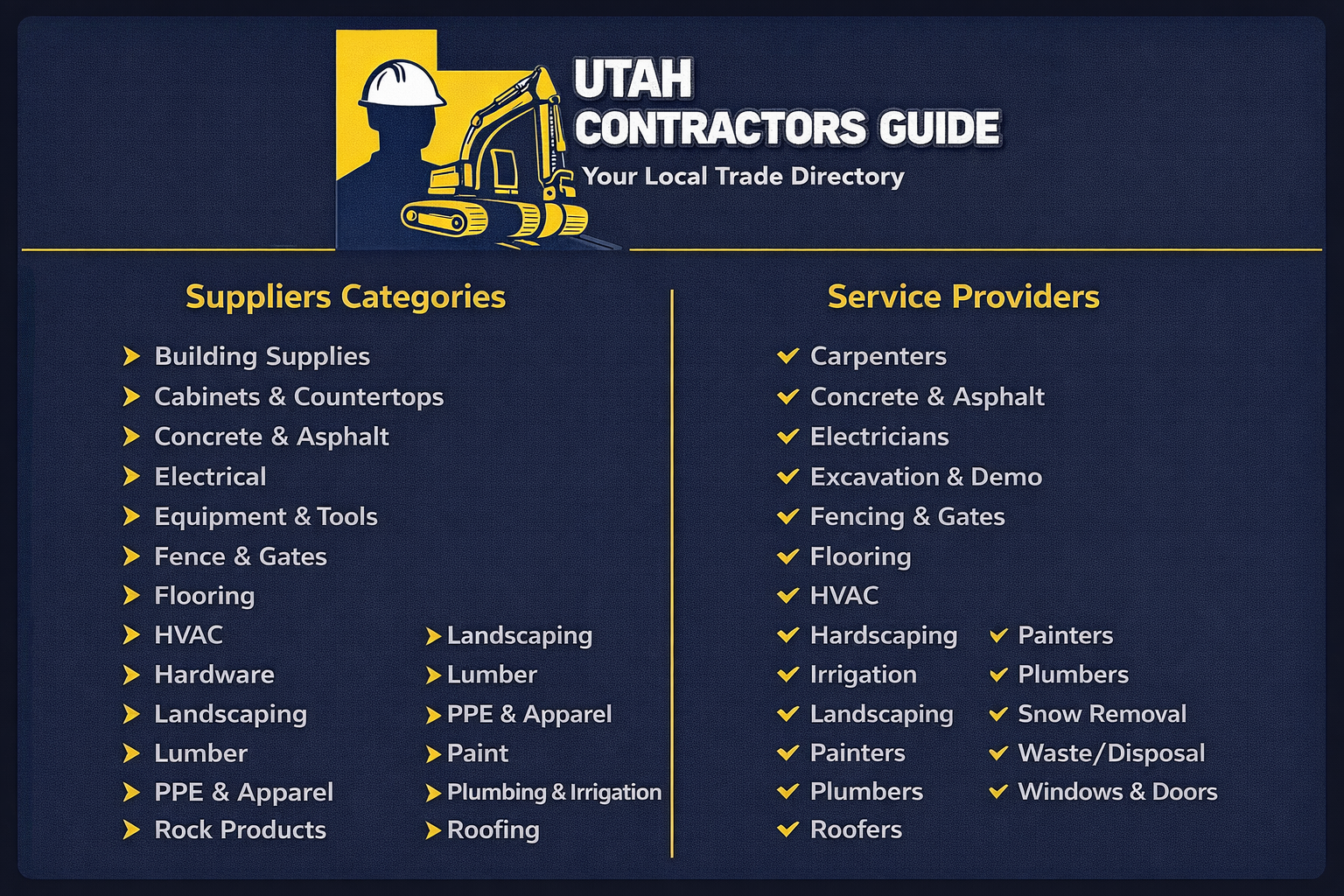 Cover of Utah Contractors Guide, displaying categories for suppliers and service providers, with silhouettes of a worker wearing a hard hat and construction equipment at the top.