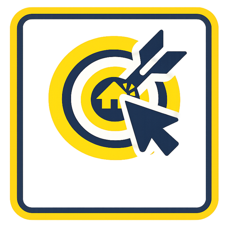 Icon representing online home improvement or real estate services with a house inside a target, and a cursor clicking on it.