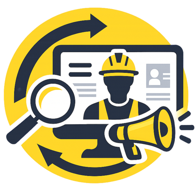Illustration of a construction worker's profile on a monitor with magnifying glass and a megaphone, surrounded by directional arrows, representing worker alert or safety information.