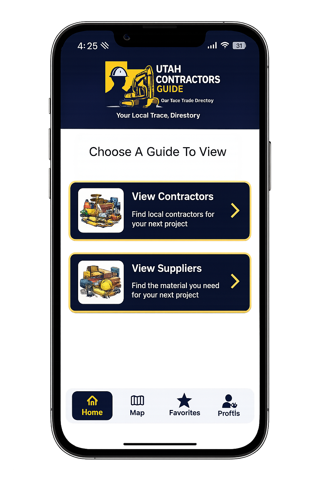 Mobile phone screen displaying the Utah Contractors Guide app with options to view contractors and suppliers, and navigation buttons for home, map, favorites, and profile.