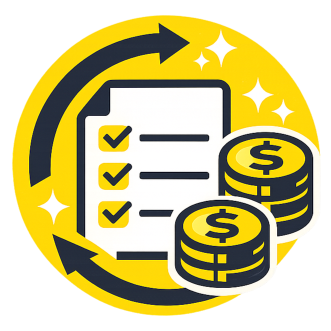 Graphic of a checklist, stacks of coins, and arrows representing financial planning or budgeting.