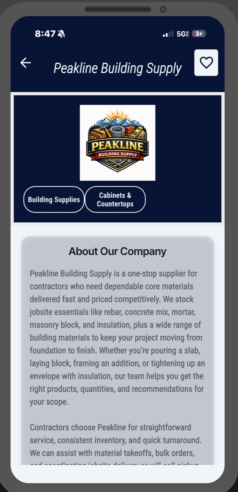 Screen showing example Peakline Building Supply website with logo, navigation buttons, and company description.