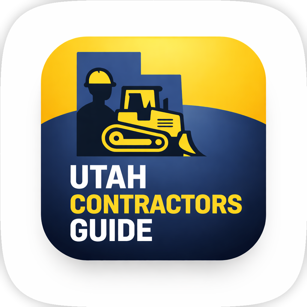 Icon for Utah Contractors Guide showing a construction worker with a hard hat and a bulldozer, in blue and yellow colors.