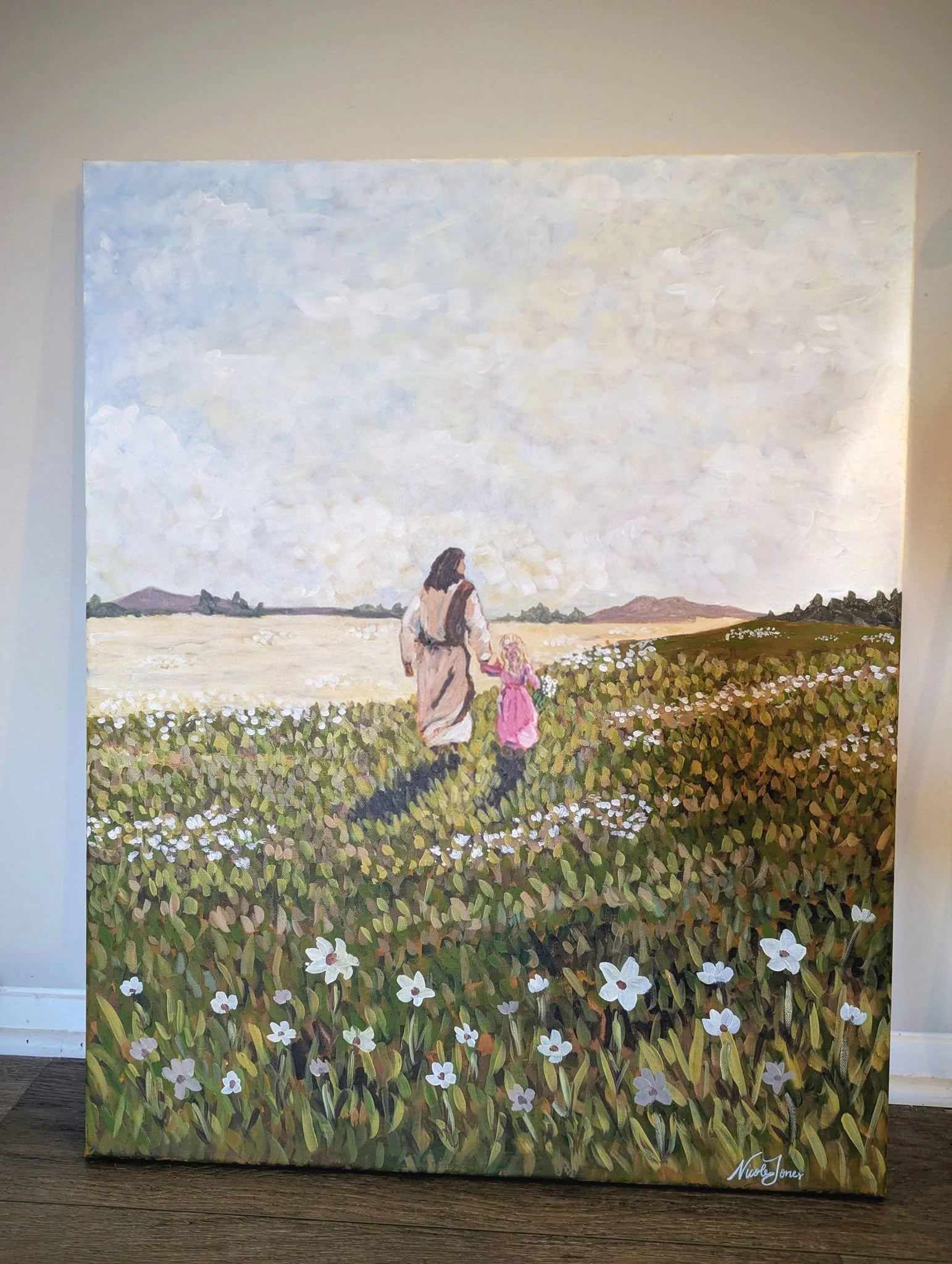 Some pieces feel especially tender to paint.
This one was created to honor a little life deeply loved &mdash; held safely in the arms of Jesus.
I&rsquo;m always humbled when families trust me with stories this sacred. Art has a way of preserving love