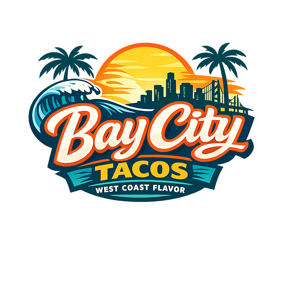 Logo for Bay City Tacos featuring a sunset, city skyline, palm trees, and a wave, with the slogan "West Coast Flavor."