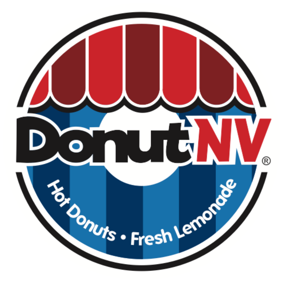 Logo of Donut NV with a red and white striped donut top, the words 'Donut NV' and the slogan 'Hot Donuts · Fresh Lemonade' on a blue background.