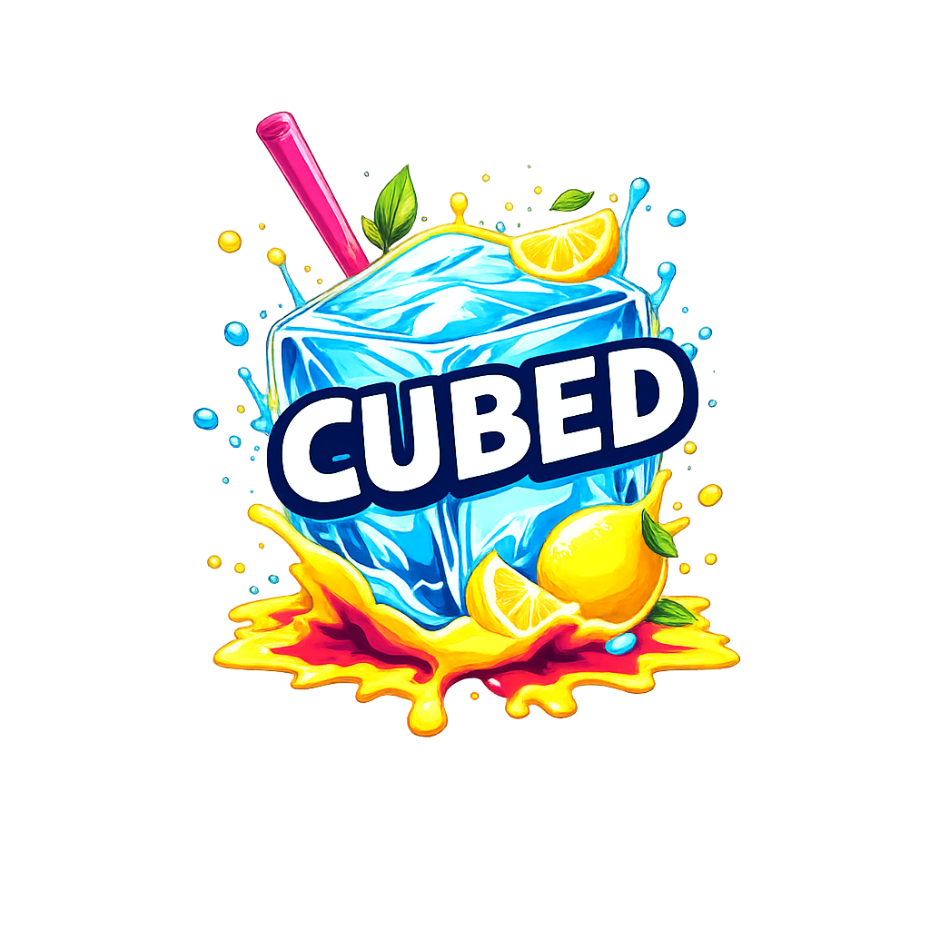 A colorful graphic of a large ice cube with lemon slices, a pink straw, and splashes of water and juice. The word 'CUBED' is written across the ice cube.
