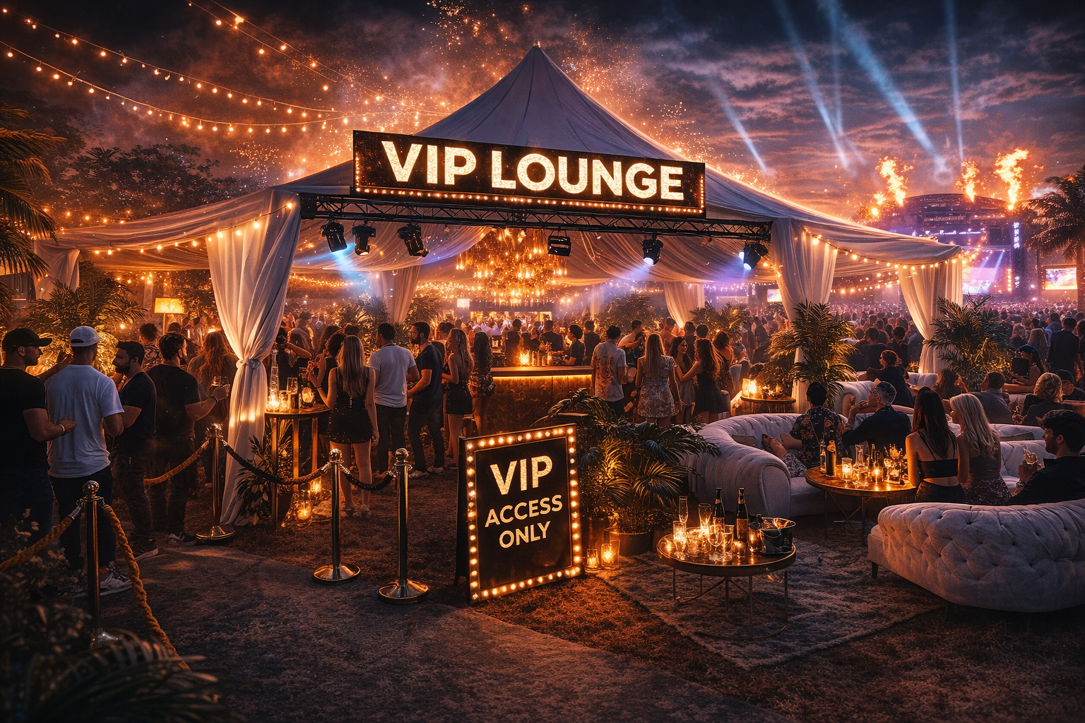 Night scene of a VIP lounge at an outdoor event with a large tent, many people, and festive lighting, including string lights and spotlights, with a sign that reads 'VIP Lounge' and another that says 'VIP Access Only'.