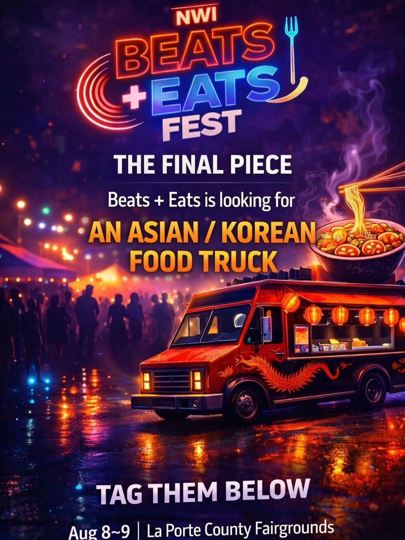 NWI&hellip; we need your help.

We&rsquo;re locking in the final food truck lineup for NWI Beats + Eats Fest and there&rsquo;s ONE flavor missing.

We&rsquo;re looking for an Asian / Korean food truck to complete the lineup.

Think:
🍜 Ramen
🥟 Bao
?