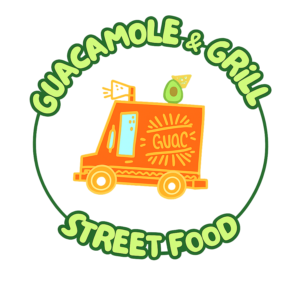Neon sign featuring an orange food truck with the word 'GUAC' and an illustration of an avocado, surrounded by green text reading 'Guacamole & Grill Street Food'.