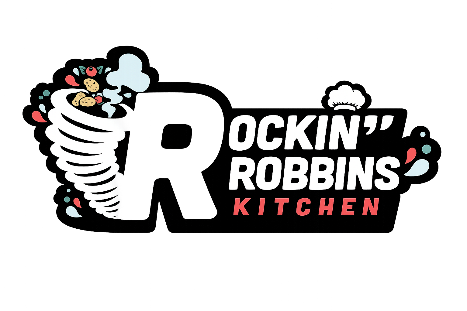 Logo for Ockin' Robbins Kitchen featuring a tornado with cookies, a chef's hat, and colorful accents.