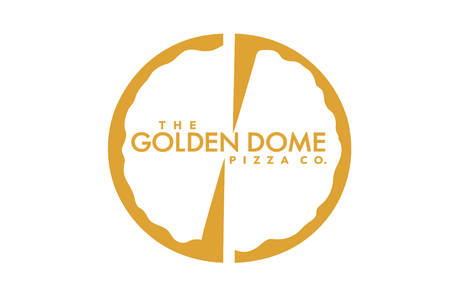 Logo for The Golden Dome Pizza Co., featuring a stylized pizza with a slice removed, in gold and black colors.