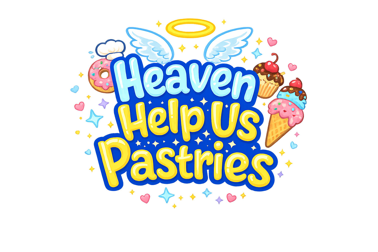 Colorful logo with the text 'Heaven Help Us Pastries' in blue and yellow, adorned with cartoon pastries, ice cream cones, a halo, angel wings, and sparkles.