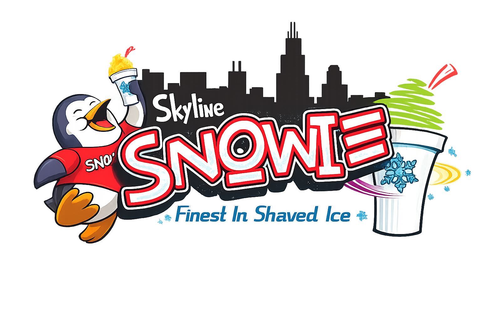 A cartoon penguin wearing a red shirt holding a snow cone, smiling cheerfully next to the text 'Skyline Snowie,' with icons of city buildings, snowflakes, and a cup of shaved ice with snowflakes around it, advertising a shaved ice business called 'Finest In Shaved Ice.'