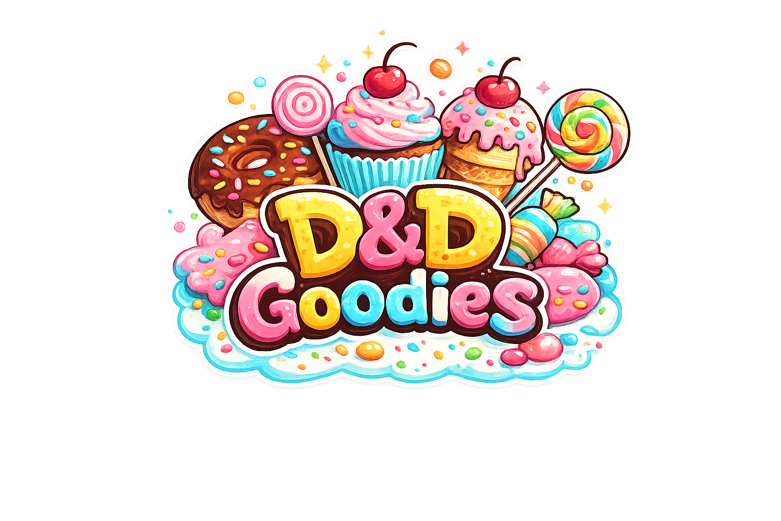 Colorful graphic with cupcakes, donuts, candies, lollipops, and the text 'D&D Goodies' in bright, playful font.