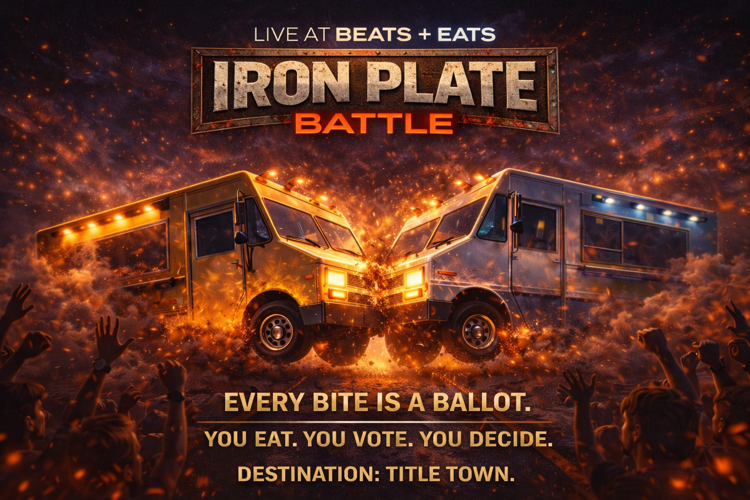 Two food trucks facing each other with sparks and fiery effects, set against a dark, smoky background with an excited crowd at the bottom. Text overlay reads 'Live at BEATS + EATS', 'Iron Plate Battle', and 'Every bite is a ballot. You eat. You vote. You decide. Destination: Title Town.'