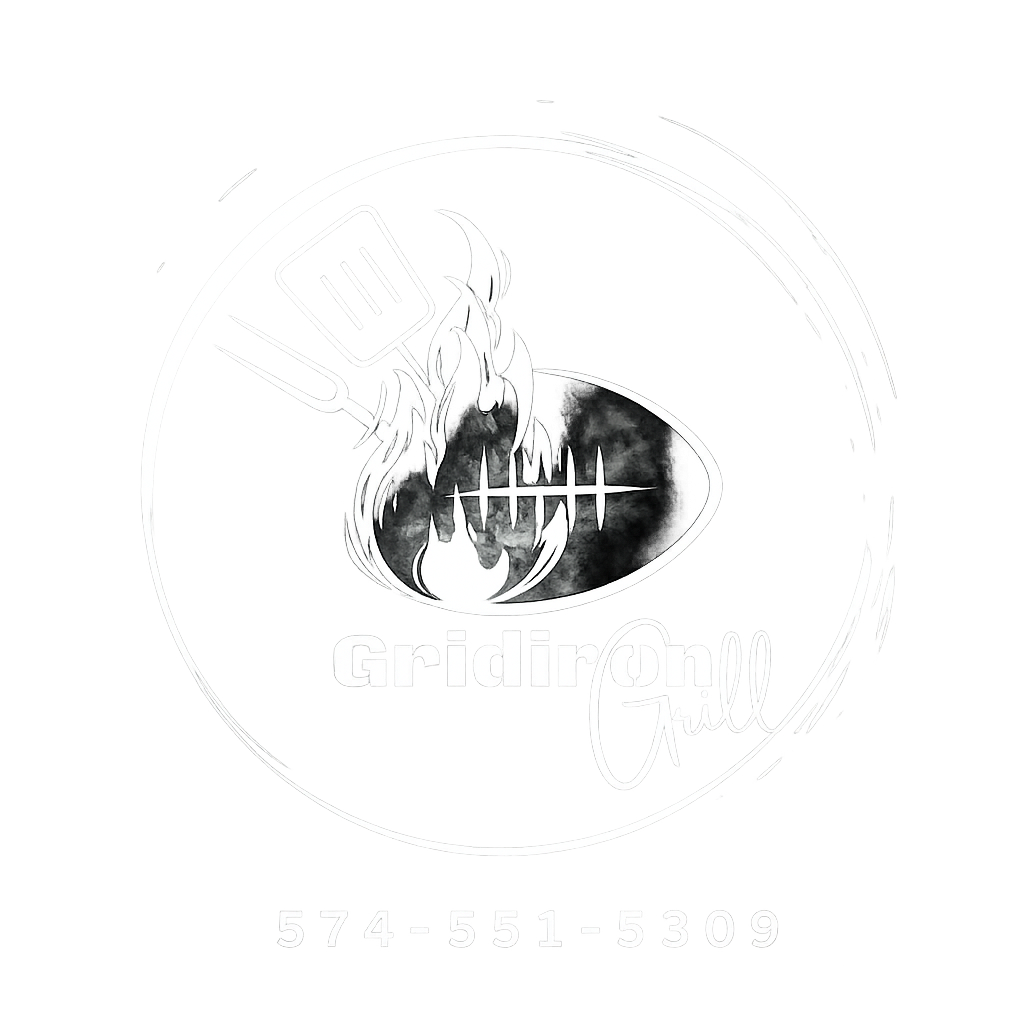 Logo for Gridiron Grill featuring a flaming football with a spatula, Flames, and the restaurant's name and phone number.