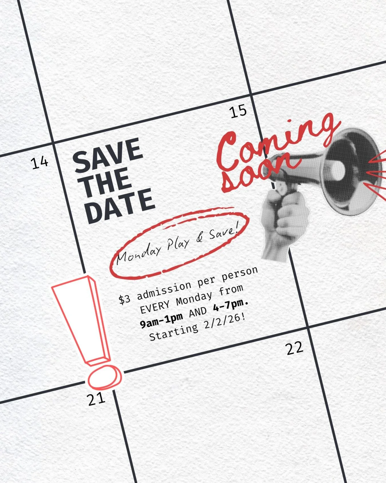 🎉 BIG NEWS 🎉

Monday Play &amp; Save just got even better! We&rsquo;re now offering evening hours, so you can play and save later in the day 🙌

Same great deal, more time to enjoy it! See you next week 🤩