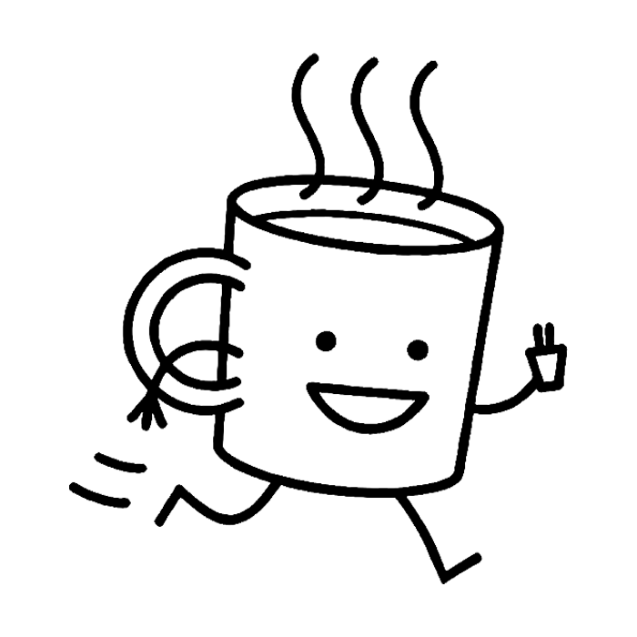 Cartoon coffee mug character with a smiley face going for a run and enjoying his own cup of coffee