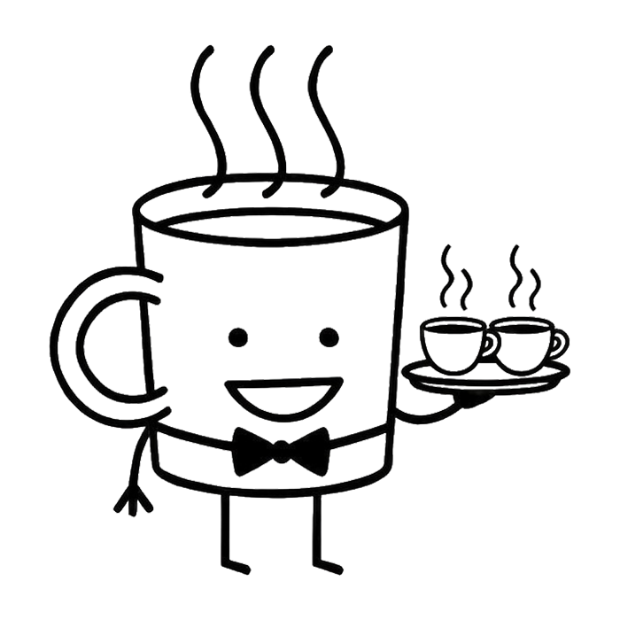 A cartoon coffee mug character with steam rising from the top, holding a tray with two steaming coffee cups, smiling and wearing a bow tie.