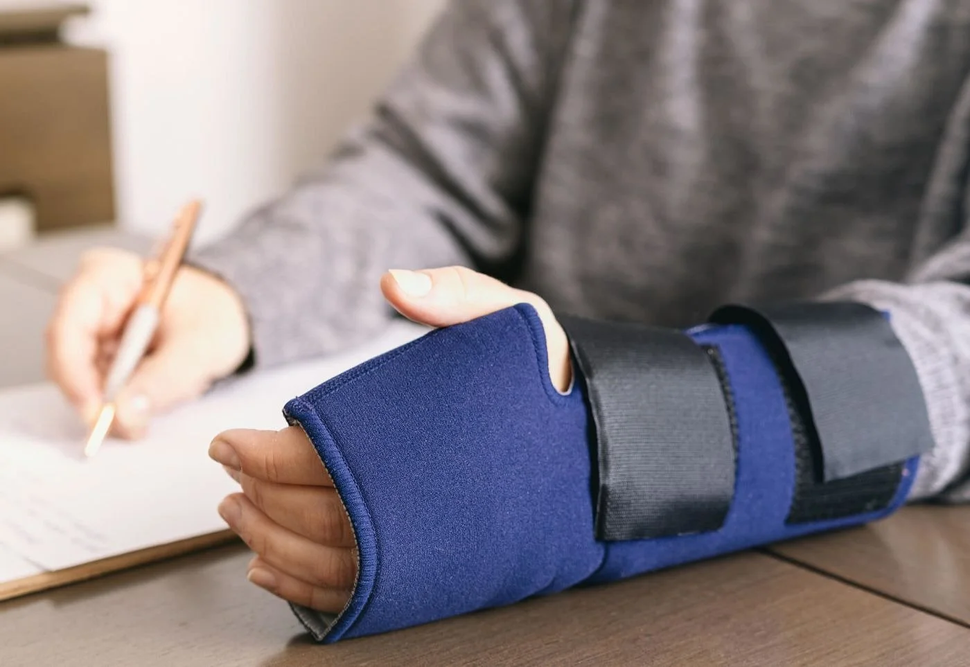 Person with a blood pressure cuff on their arm, writing on paper with a pen.