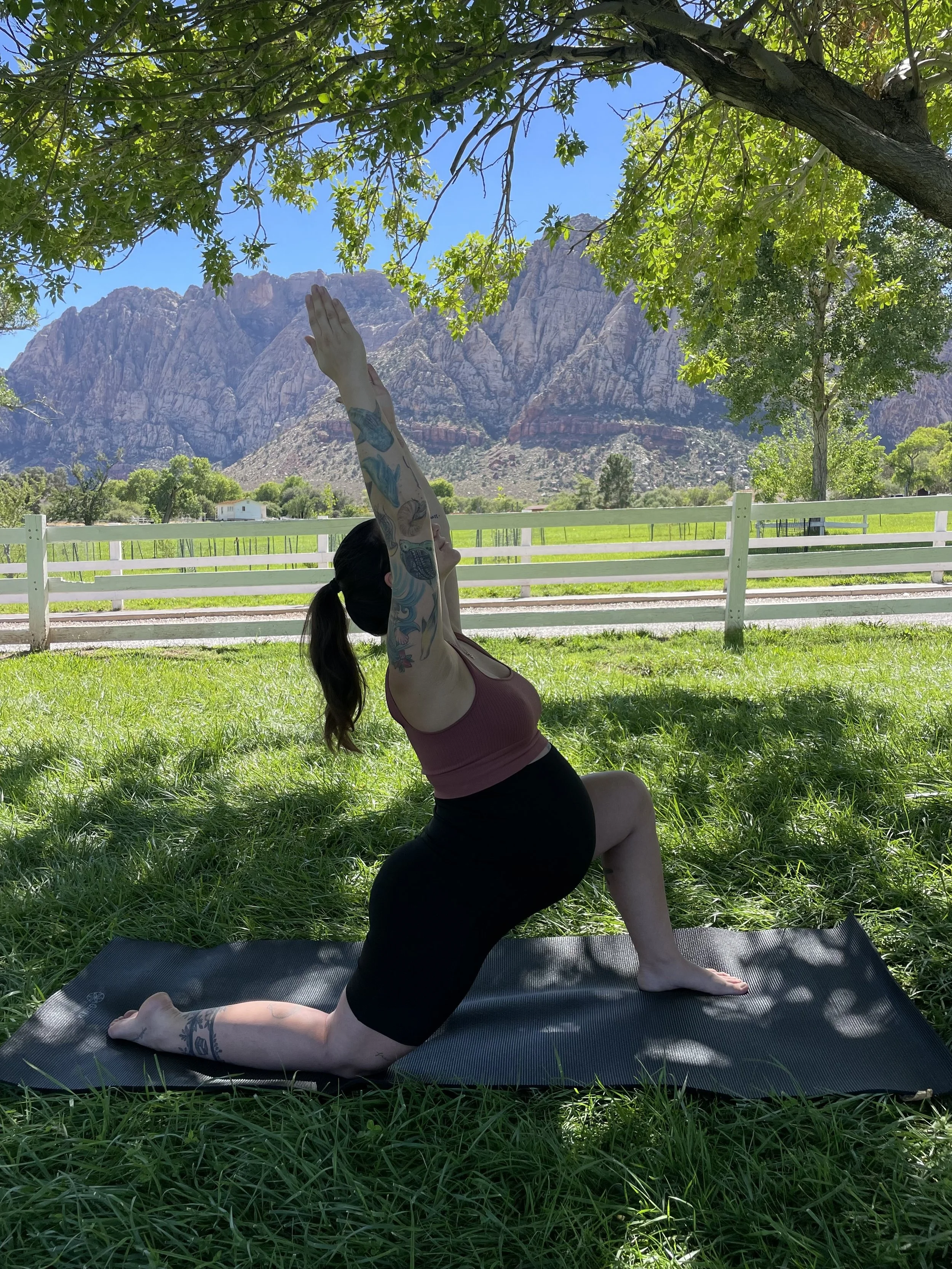 A woman with tattoos on her arms and leg is practicing yoga outdoors on a black mat in a grassy park. She is in a low lunge pose, under a tree with a mountain range and a white fence in the background under a blue sky.