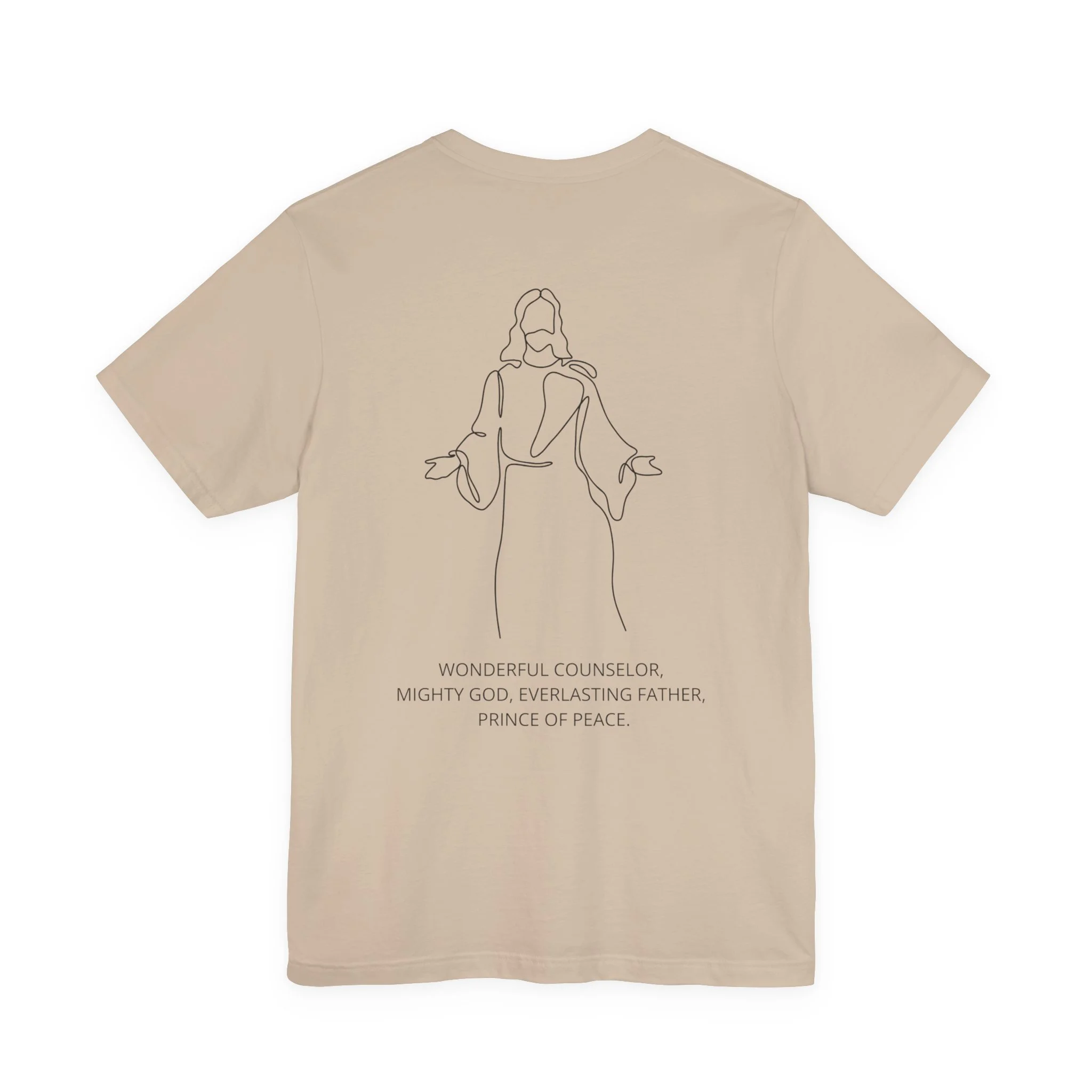 Beige T-shirt with a minimalist line drawing of Jesus Christ and the text 'Wonderful Counselor, Mighty God, Everlasting Father, Prince of Peace'.