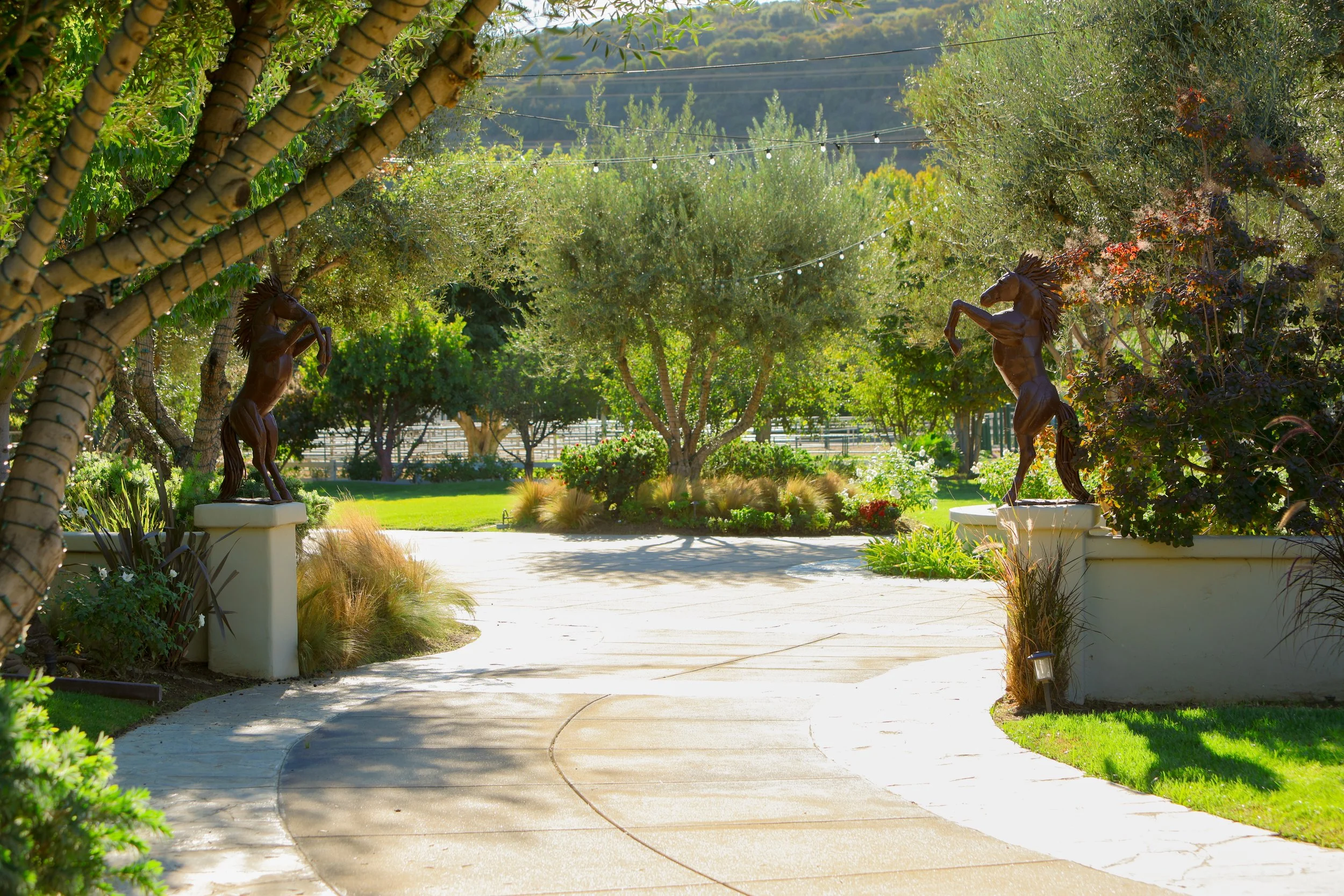Garden pathway framed by trees and plants, with two horse statues on pedestals on either side, leading to a lush, sunlit garden.