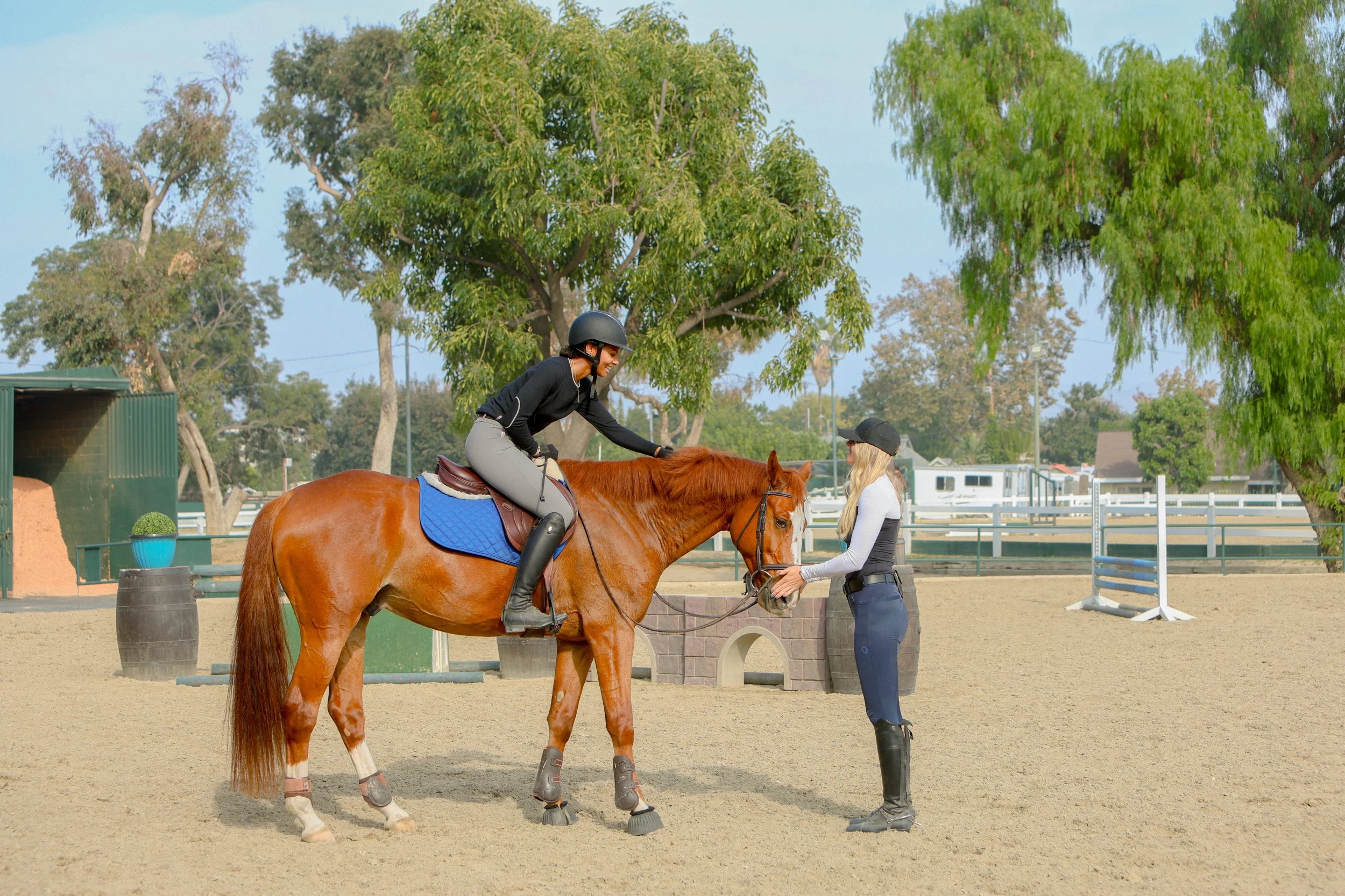 A woman riding a horse learns from an instructor at an outdoor riding arena. The rider is wearing a black helmet, black jacket, gray pants, and tall riding boots. The instructor is standing next to the horse, holding the reins and giving guidance. The horse has a shiny chestnut coat and is equipped with a saddle, stirrups, and a blue saddle pad. There are trees and fencing in the background.