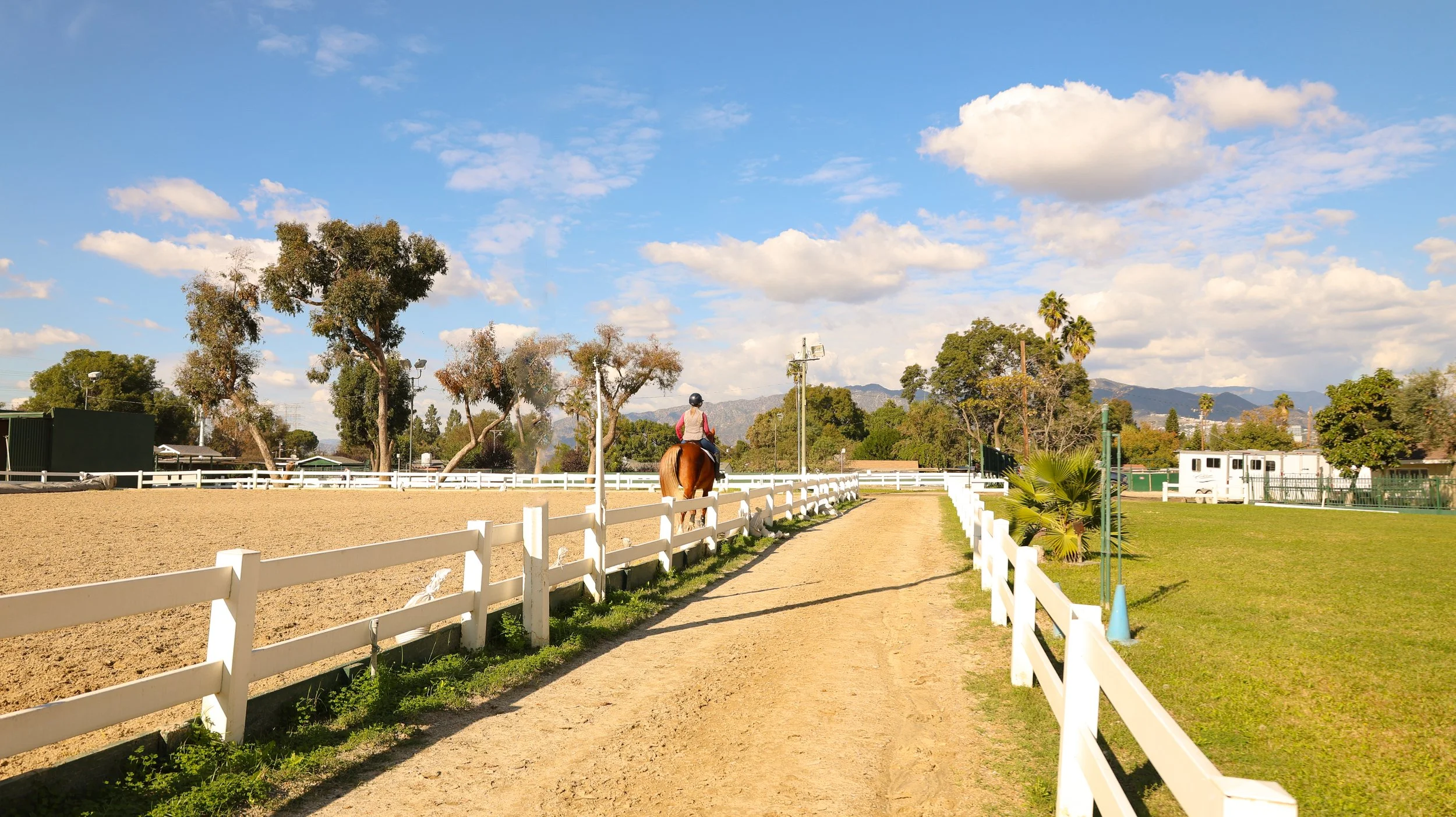 Person riding a horse in a horse arena inside a fenced equestrian facility with trees and mountains in the background on a sunny day.