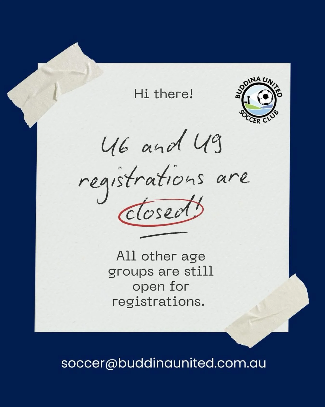 📝 Just a little note to let you know that U6 and U9 regos are now closed with Buddina United Soccer Club. We can&rsquo;t wait to meet you all at the Meet and Greet next Saturday 21 February. 
📣Our regos are still open for all other age groups.
✅Rem