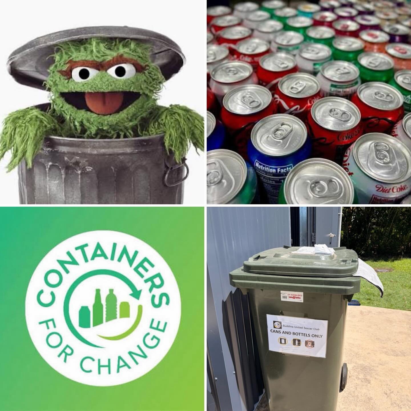 What do these have in common?

A. You&rsquo;ll find them at Buddina United&rsquo;s home games tomorrow.
B. Your trash is their bincoin.
C. Environment warriors.
D. All I see are green things and the dude from Sesame Street.
E. All of the above. 

Com