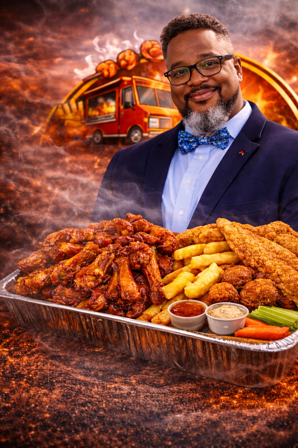 A man in glasses, a bow tie, and a suit with a red pin holds a tray of fried chicken, French fries, barbecue ribs, and sauces, with a fiery background featuring a burning food truck.