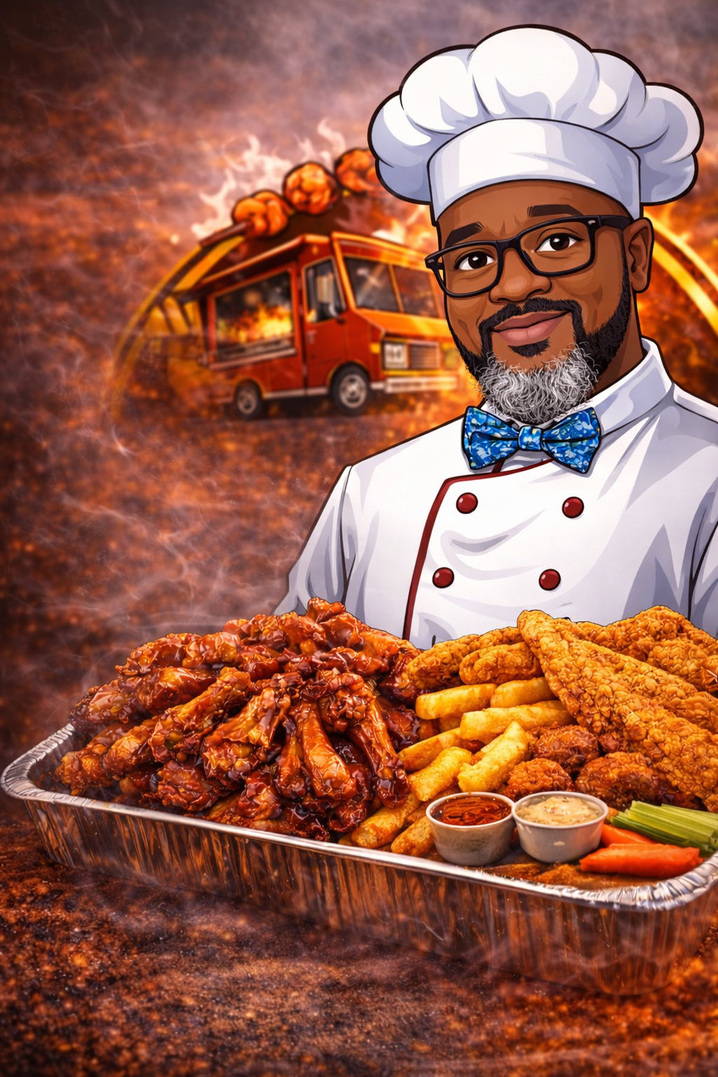 Cartoon chef with glasses and a blue bow tie holding a tray of fried chicken, chicken wings, fries, and sauces, with a fire truck and fiery background in a digital illustration.