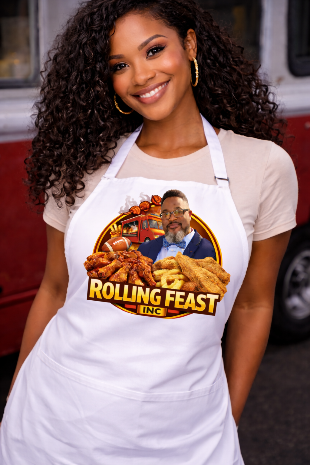 Woman with curly hair smiling wearing a white apron with a logo for 'Rolling Feast Inc' featuring a man, chicken wings, fried fish, and a food truck.